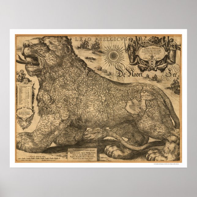 Poster Benelux Leo Belgicus Carte de l'Europe 1611 (Devant)
