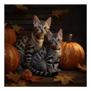 Poster Bengal Kitten Automne Citrouille de plaisir
