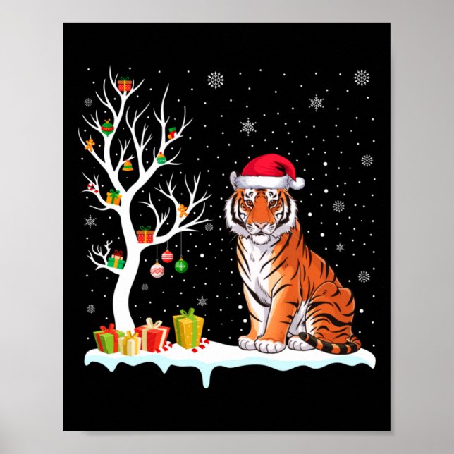 Poster Bengal Tiger Santa Hat Festive Tree Light Christma (Devant)