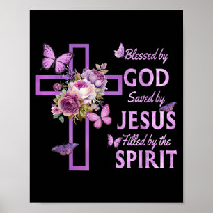 Poster Béni par Dieu sauvé par Jésus Croix Florale pourpr