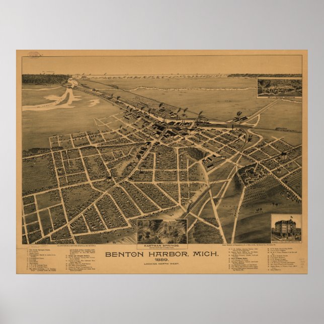 Poster Benton Harbour Michigan 1889 Antique carte panoram (Devant)