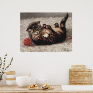 Poster Berceau de chat, un chat jouant avec une pelote de
