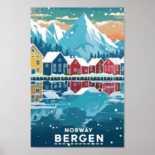 Poster Bergen Norvège Vintage Lieu de voyage célèbre