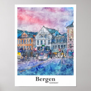 Poster Bergen Norvège Voyage Aquarelle Croquis Main tirée