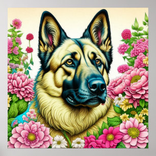 Poster berger allemand et fleurs lunaires