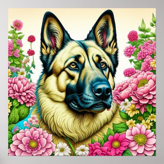 Poster berger allemand et fleurs lunaires (Devant)