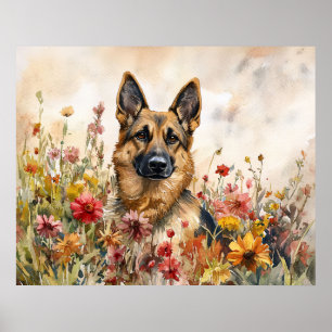 Poster Berger Allemand parmi des fleurs sauvages vibrante