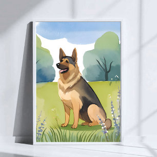 Poster Berger Allemand   Peinture Aquarelle de Chien