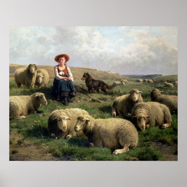 Poster Berger avec mouton dans un paysage (Devant)
