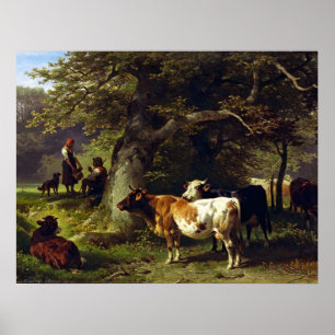 Poster Berger et troupeau de vache à l'étang