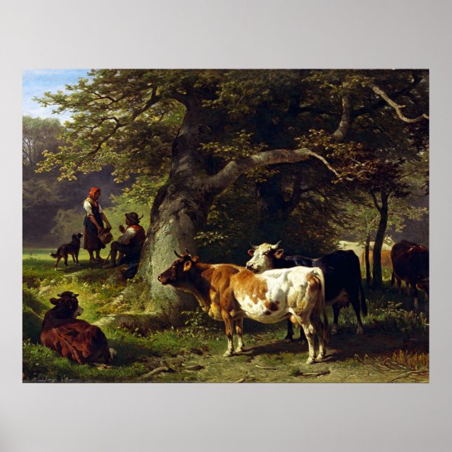 Poster Berger et troupeau de vache à l'étang (Devant)