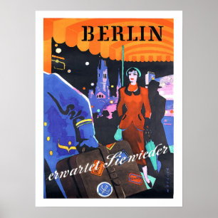 Poster Berlin, woman in front of a hotel, vintage, travel