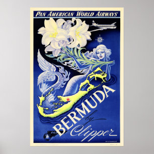 Poster BERMUDA par Clipper PAA Airways Vintage voyage Ad