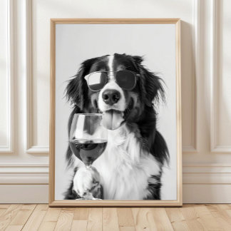 Poster Bernese Mountain Dog and Wine Wall Art, Black and