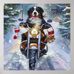 Poster Bernese Mountain Dog en moto à Noël