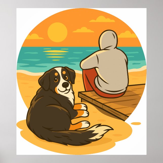 Poster Bernese Mountain Dog Sunset Beach Companion (Devant)
