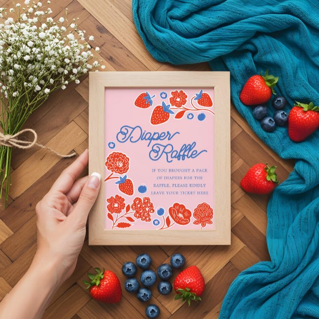 Poster Berries et fleurs de baby shower à fraise (Baby Shower Diaper Raffle Berries & Flowers Poster)