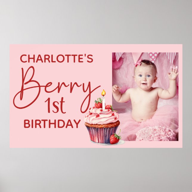Poster Berry 1er anniversaire Pink Red Strawberry Nom Pho (Devant)
