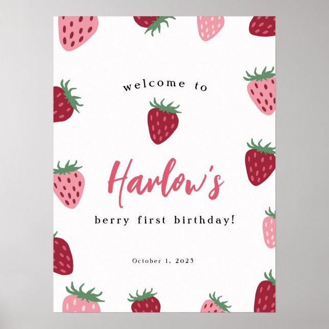 Poster Berry aux fraises roses et rouges premier annivers (Devant)