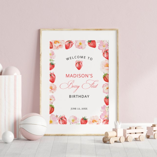 Poster Berry First Birthday Strawberry Bow Welcome (Créateur téléchargé)