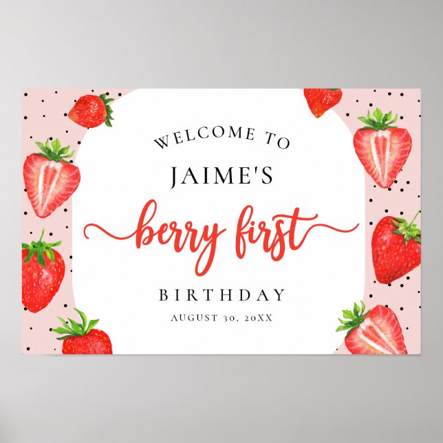 Poster Berry First Birthday Strawberry Girl Welcome (Devant)