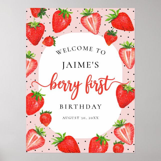 Poster Berry First Birthday Strawberry Girl Welcome (Devant)