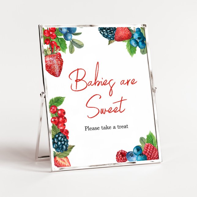 Poster Berry Sweet Baby shower d'été Les bébés sont doux (Red and Blue Berries Baby Shower Babies are Sweet Sign)