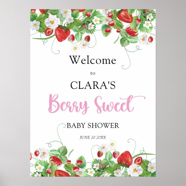 Poster Berry Sweet Baby shower fraise Bienvenue (Devant)
