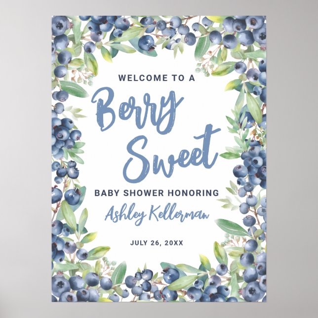 Poster Berry Sweet Blueberry Baby Shower Welcome Sign (Devant)