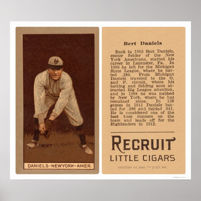 Poster Bert Daniels Yankees Baseball 1912 (Devant)