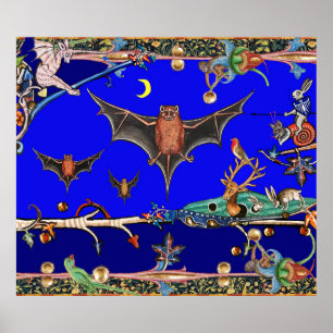 POSTER BESTIAIRE MÉDIÉVAL, BATS DE VOL ANIMAUX DE FORÊT B