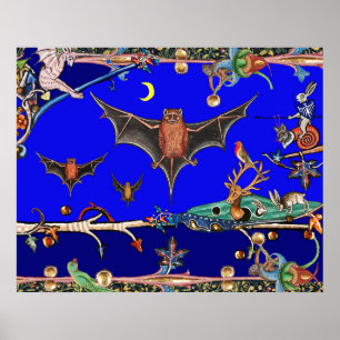 POSTER BESTIAIRE MÉDIÉVAL, BATS DE VOL ANIMAUX DE FORÊT B
