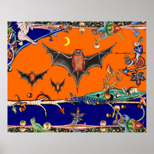 POSTER BESTIAIRE MÉDIÉVAL, CHAUVES-SOURIS VOLANTES ANIMAL