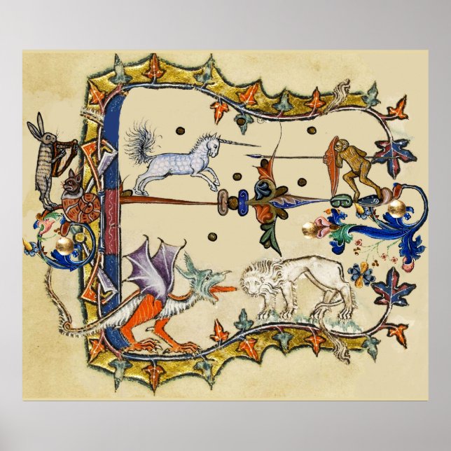 POSTER BESTIAIRE MÉDIÉVAL LARGE, UNICORN COMBATTRE LUNETT (Devant)