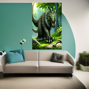 Poster Bête d'imaginaire vert dans la forêt   AI Art Post