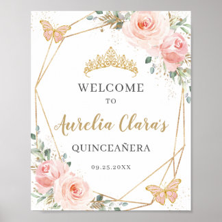 Poster Beurre floral bleu Quinceanera Anniversaire