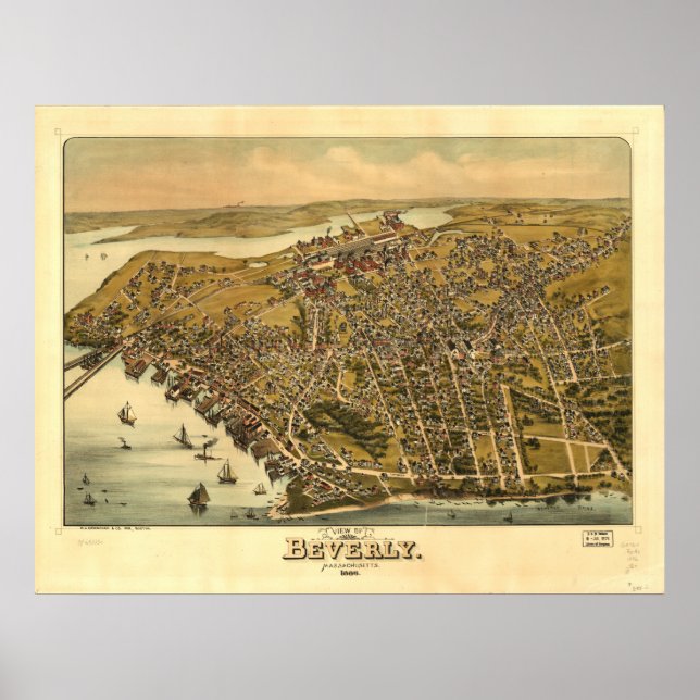 Poster Beverly Massachusetts 1886 Carte panoramique antiq (Devant)