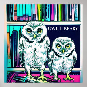 Poster BIBLIOTHÈQUE OWL deux chouettes, livres