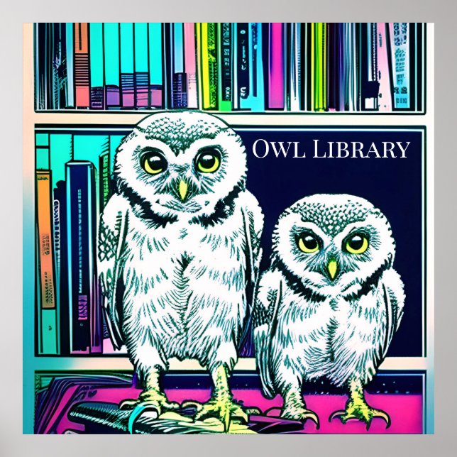 Poster BIBLIOTHÈQUE OWL deux chouettes, livres (Devant)