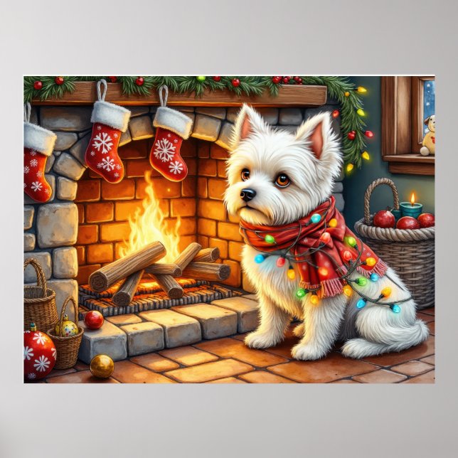 Poster Bichon Frise Fireplace with Christmas Lights (Devant)