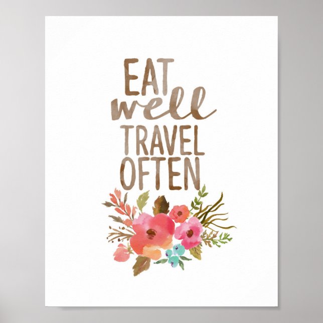 Poster Bien Manger Voyage Souvent | Aquarelle florale (Devant)
