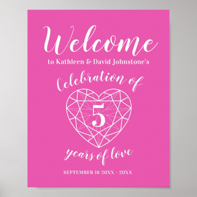 Poster Bienvenue 5 ans d'amour 5e anniversaire coeur (Devant)