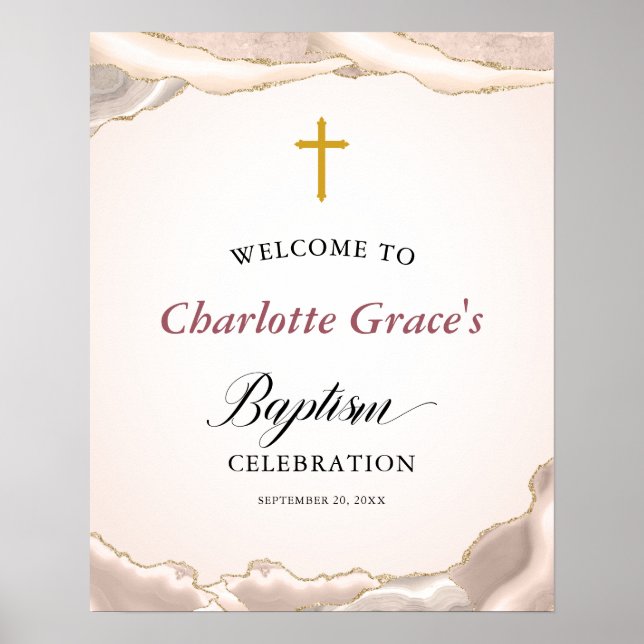 Poster Bienvenue à Baptism Pink Agate Gold Parties scinti (Devant)
