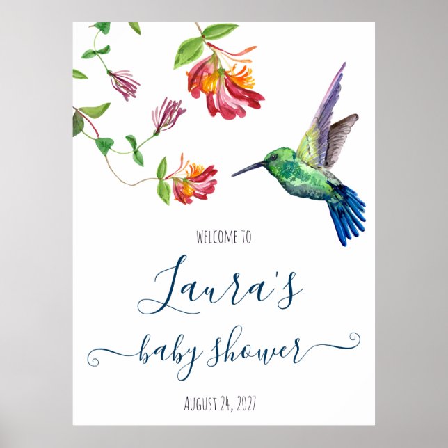 Poster Bienvenue à la Baby Shower au Colibri Aquarelle (Devant)