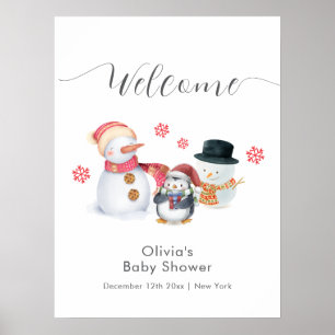 Poster Bienvenue à la Baby Shower Bonhomme de Neige Pingo