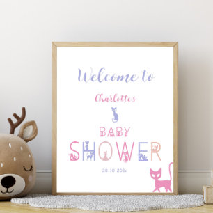 Poster Bienvenue à la Baby Shower Couleurs Pastel Chat Mi