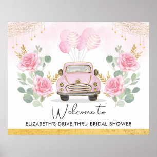 Poster Bienvenue à la Baby Shower Drive Thru Mariage Rose