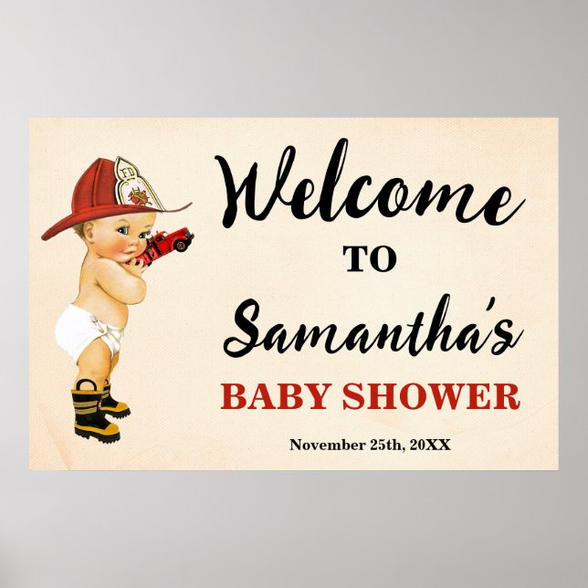 Poster Bienvenue à la Baby Shower du Petit Pompier (Devant)