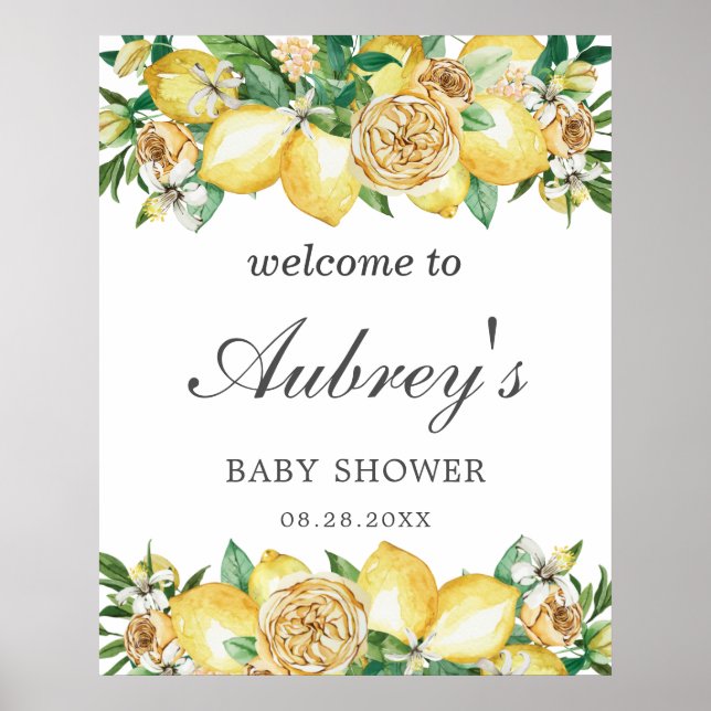 Poster Bienvenue à la Baby Shower Élégante aux Citrons et (Devant)