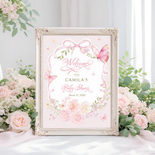 Poster Bienvenue à la Baby Shower Fille Papillon Rose Fle